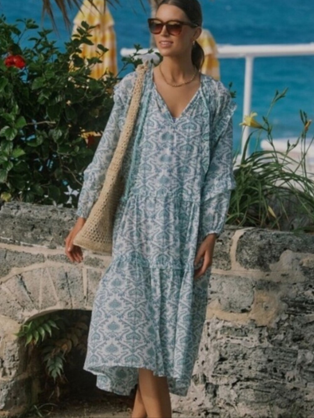 TUCKERNUCK DUSTY BLUE MEDALLION LONG SLEEVE RUFFLE DRESS